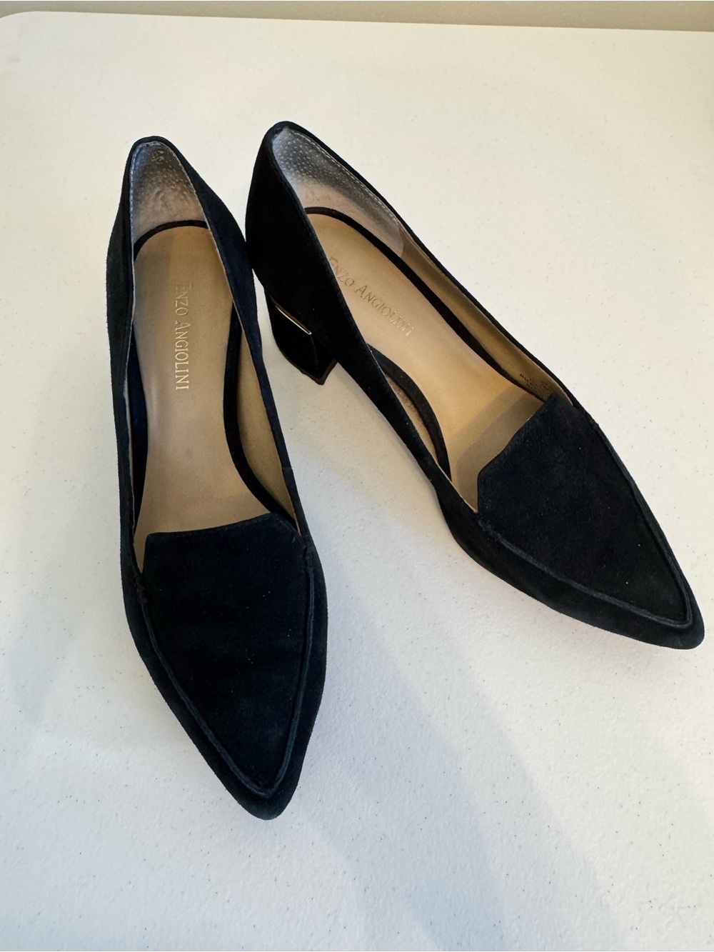Enzo Angiolini Black Suede Pointed-Toe Low Block Heel Loafers